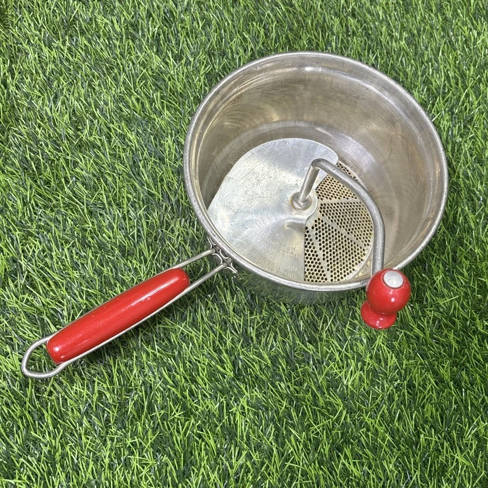 Vintage Foley Stainless Steel Food Mill Red Wood Handle Hand Crank Retro Kitchen